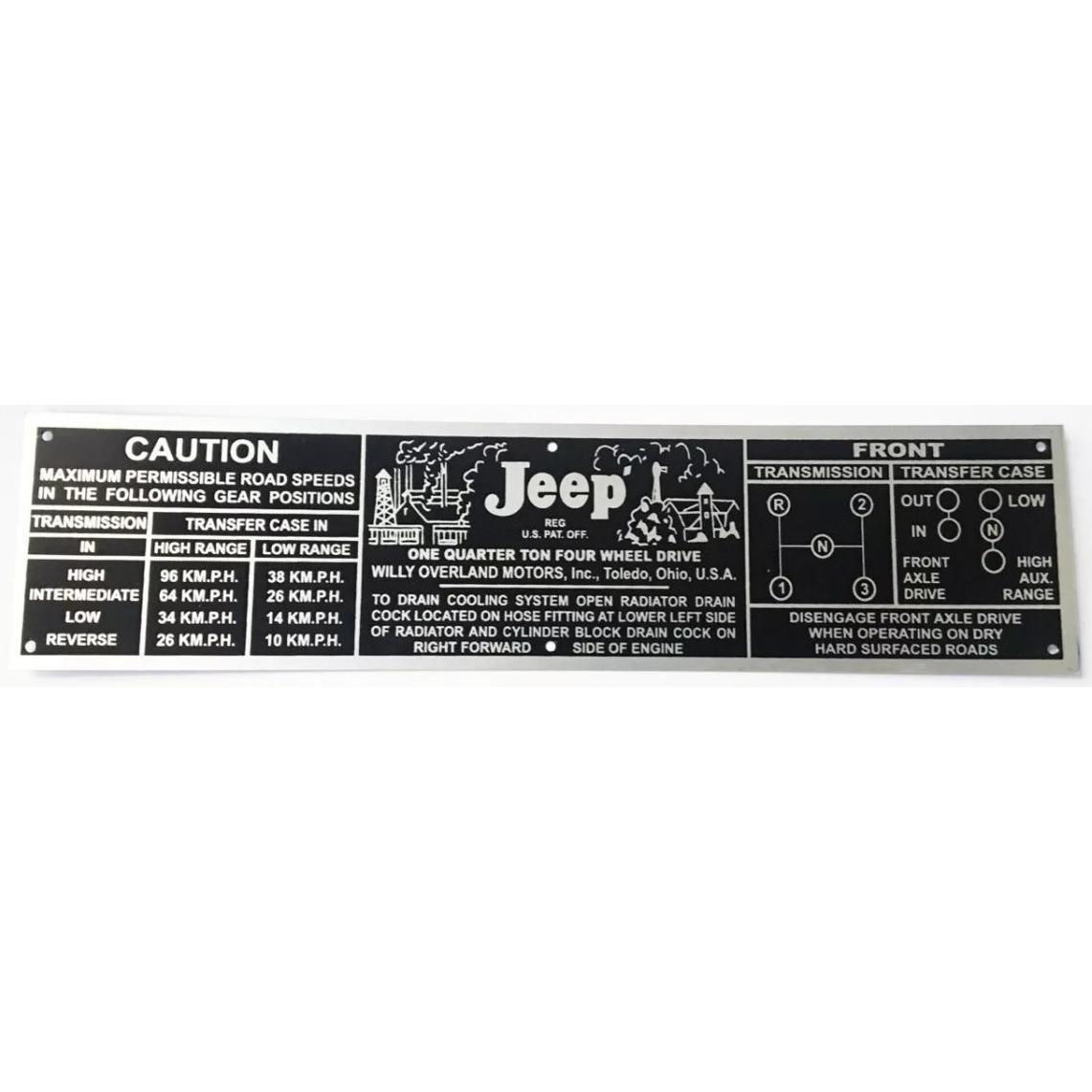 PLACA IDENTIFICAÇÃO PAINEL JEEP WILLYS  3 MARCHAS  FABRICA FUNDO PRETO