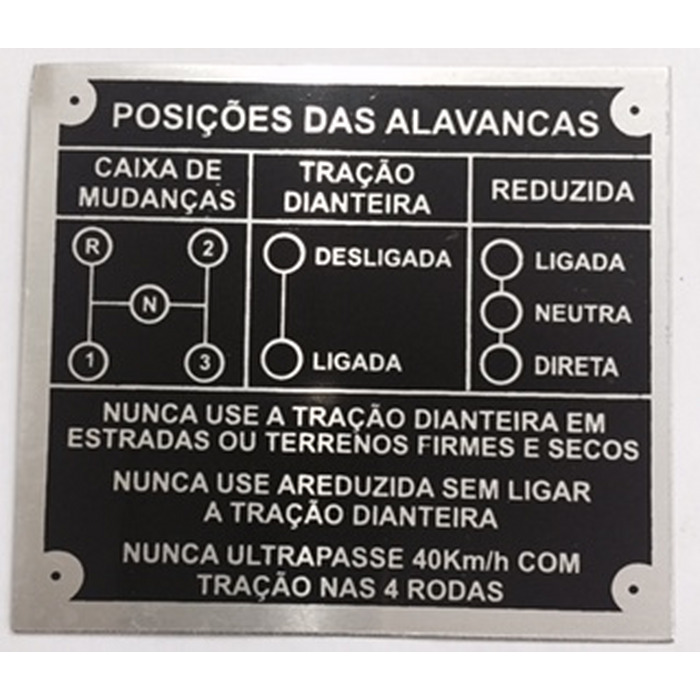 PLACA PAINEL PARA IDENTIFICAÇÃO CÂMBIO WILLYS 3 MARCHAS