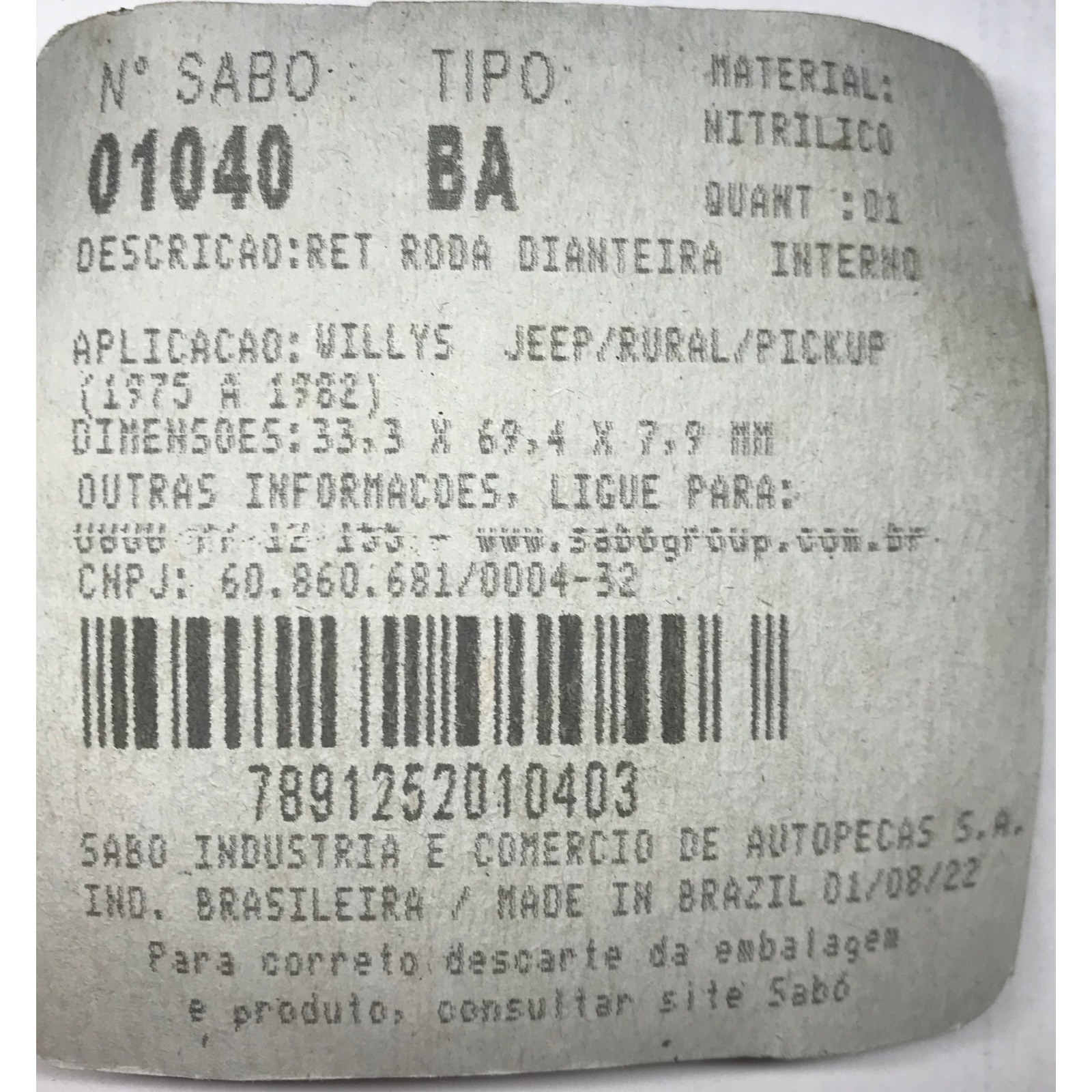 RETENTOR DA CARÇACA DO DIFERENCIAL DIANTEIRO JEEP RURAL F75
